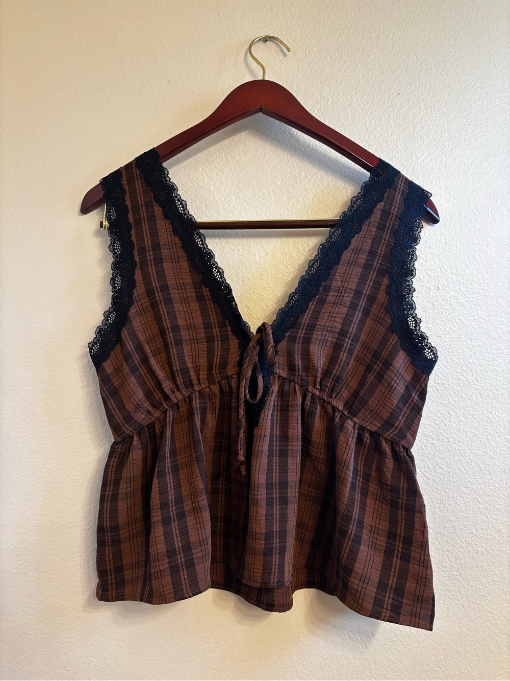 Moa Moa Sleeveless Plaid Lace-Trim Babydoll Cami - Brown
